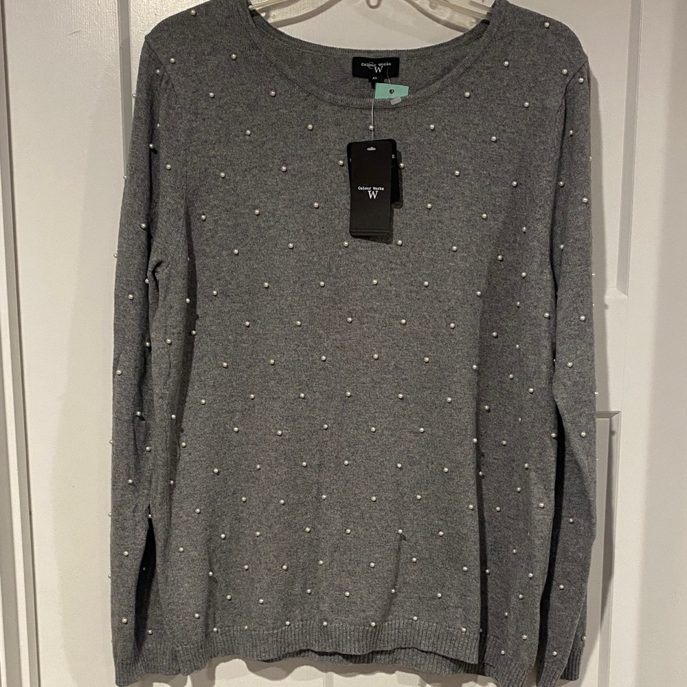 Gray Sweater with Pearl Accents